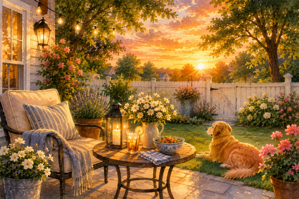 Summer patio and a sunset with golden retriever lying in the grass