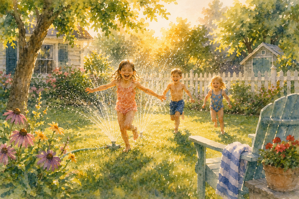 Kids running through sprinkler in summer 