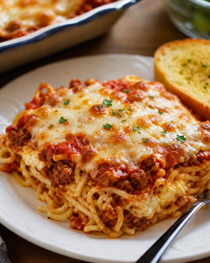 Plated creamy easy baked spaghetti