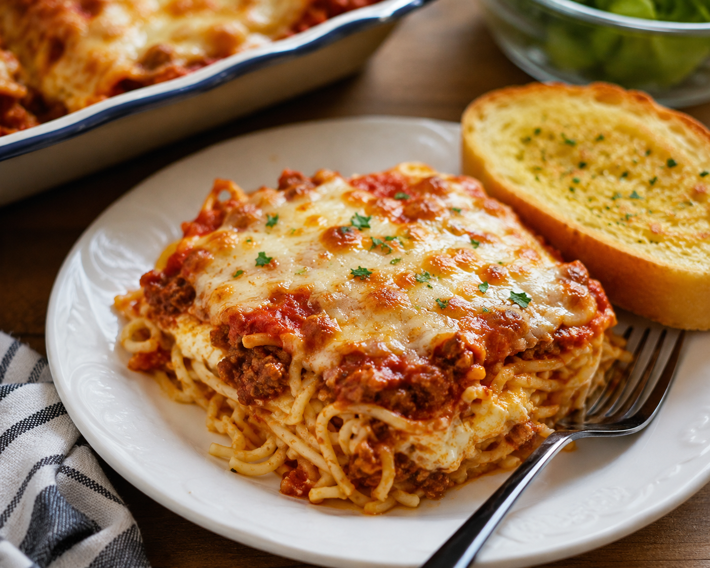Plated creamy easy baked spaghetti