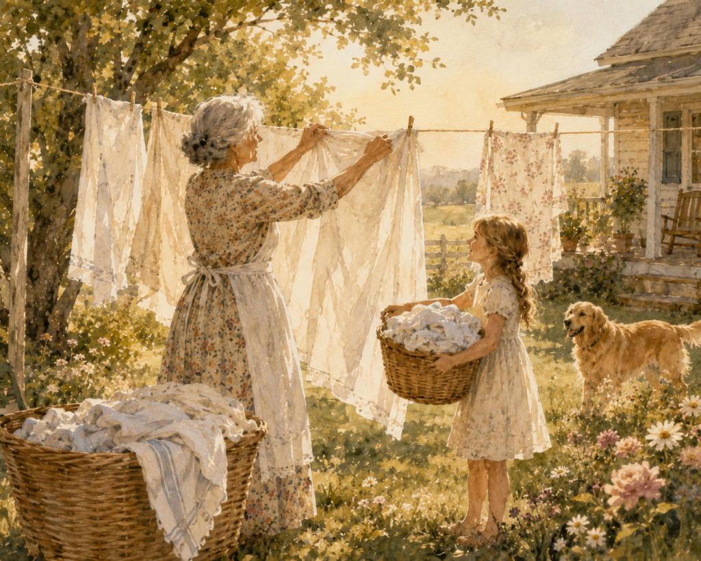 Grandma ganging wash on the line while her granddaughter helps her 