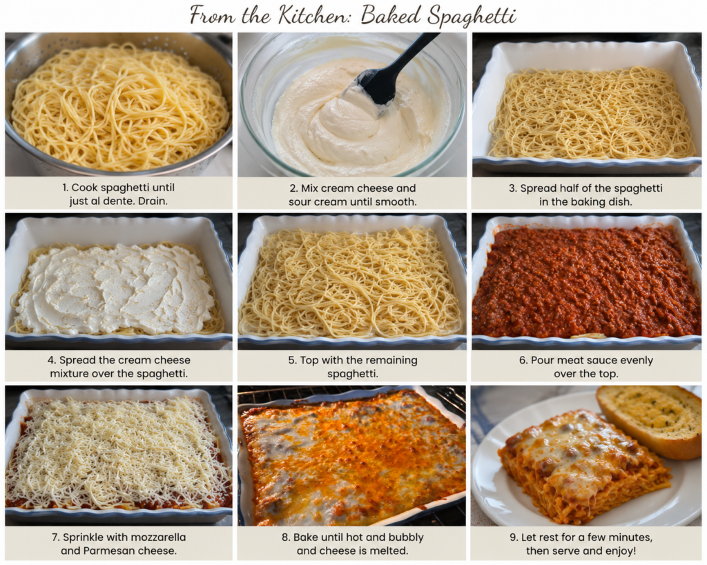 Process shots of easy baked spaghetti