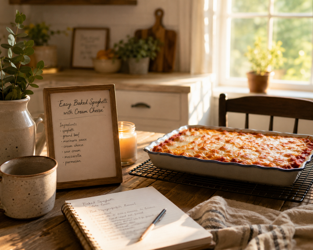Lifestyle image of easy creamy baked spaghetti