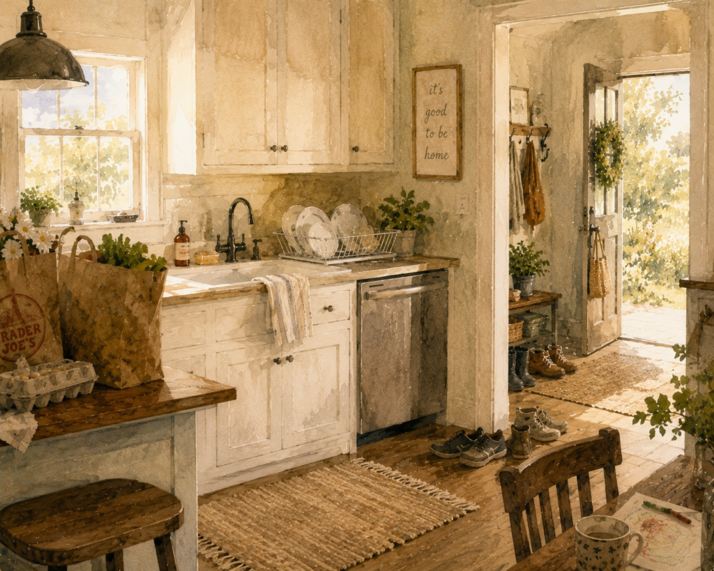 Image of an ordinary home with shoes out , groceries on the counter 