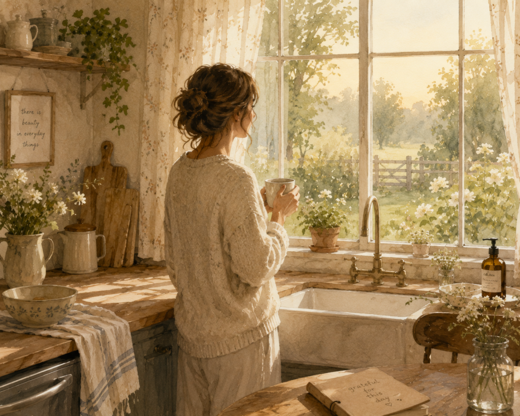 Image of lady having coffee looking out a window thinking 
