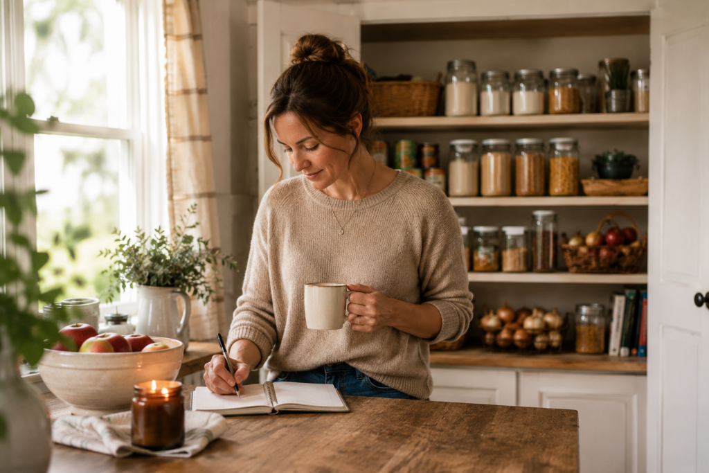 Lady taking inventory of her pantry