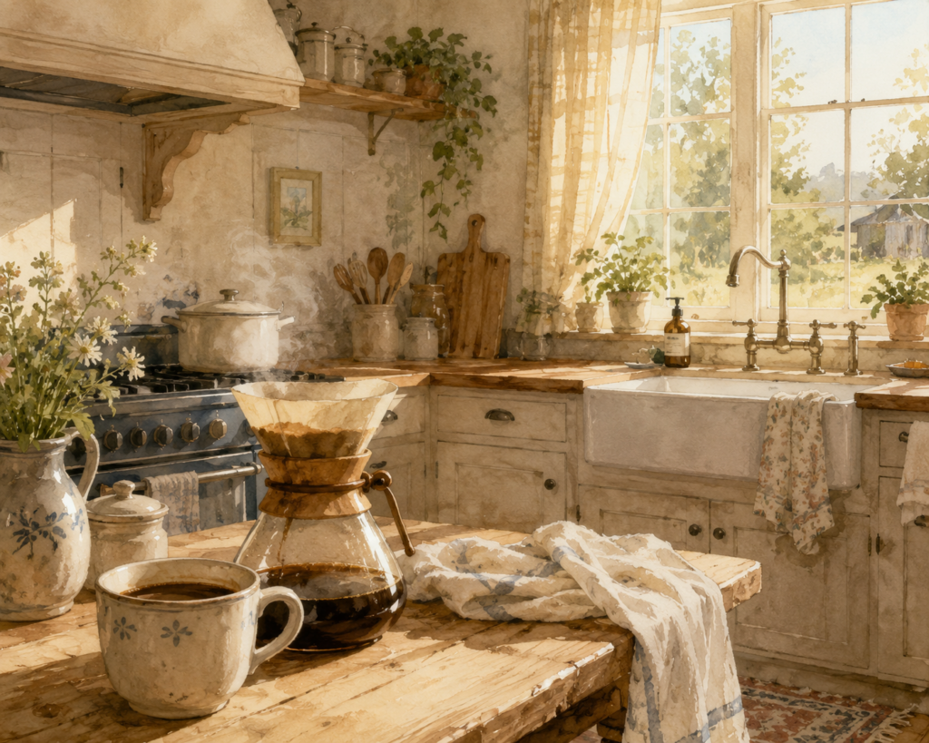 Image of ordinary home, coffee brewing, simple well cared for kitchen 