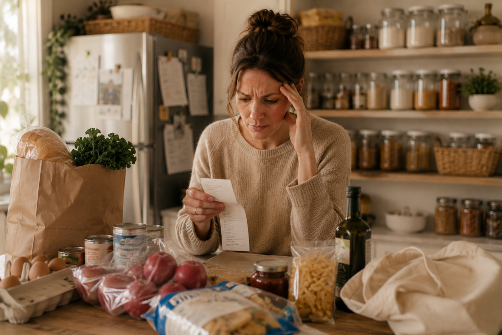 Image of lady looking at receipt and wondering why she still has nothing for dinner 