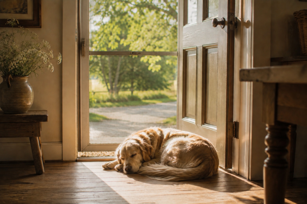 Golden retriever curled up and sleeping in the morning summer sun 