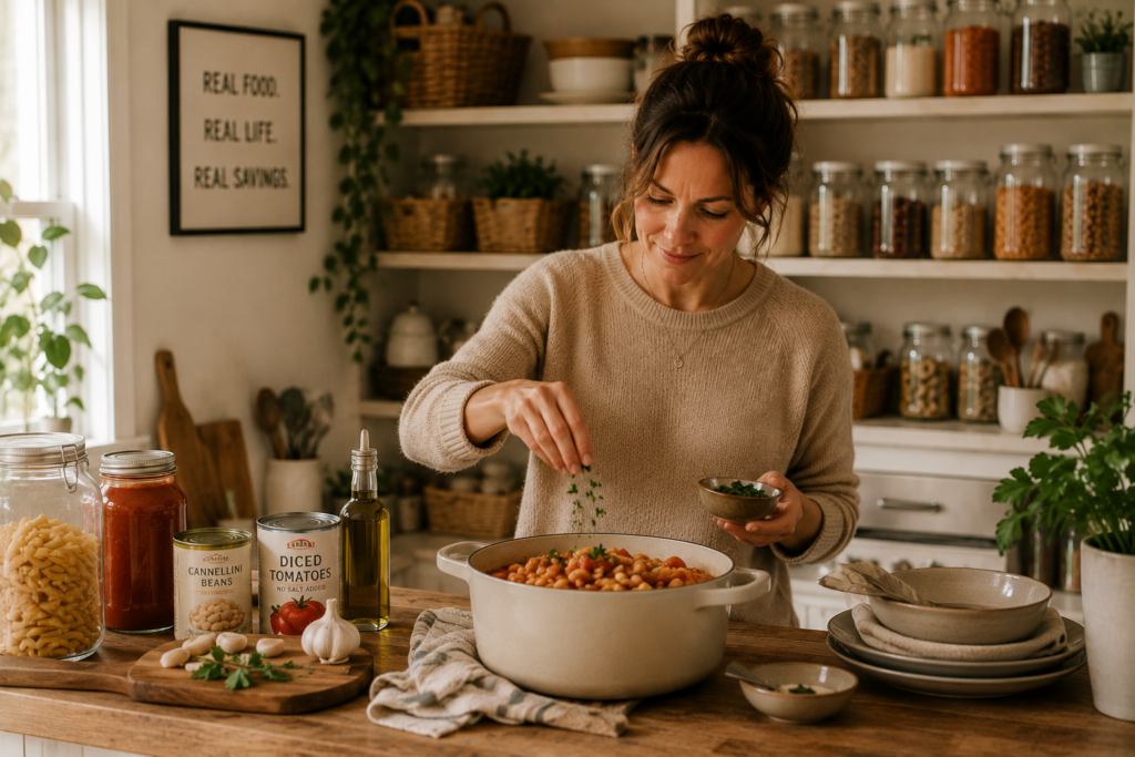 Woman making dinner using her pantry goods