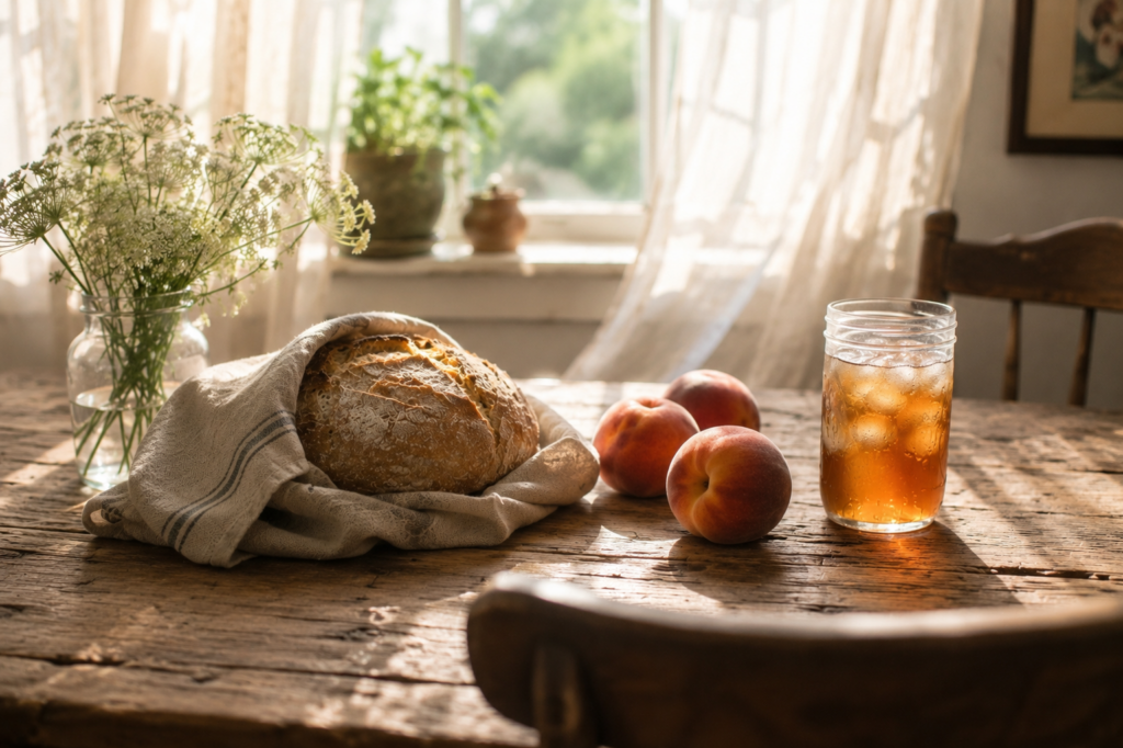 Summer peaches and summer tea and a loaf of sourdough on a worn table 