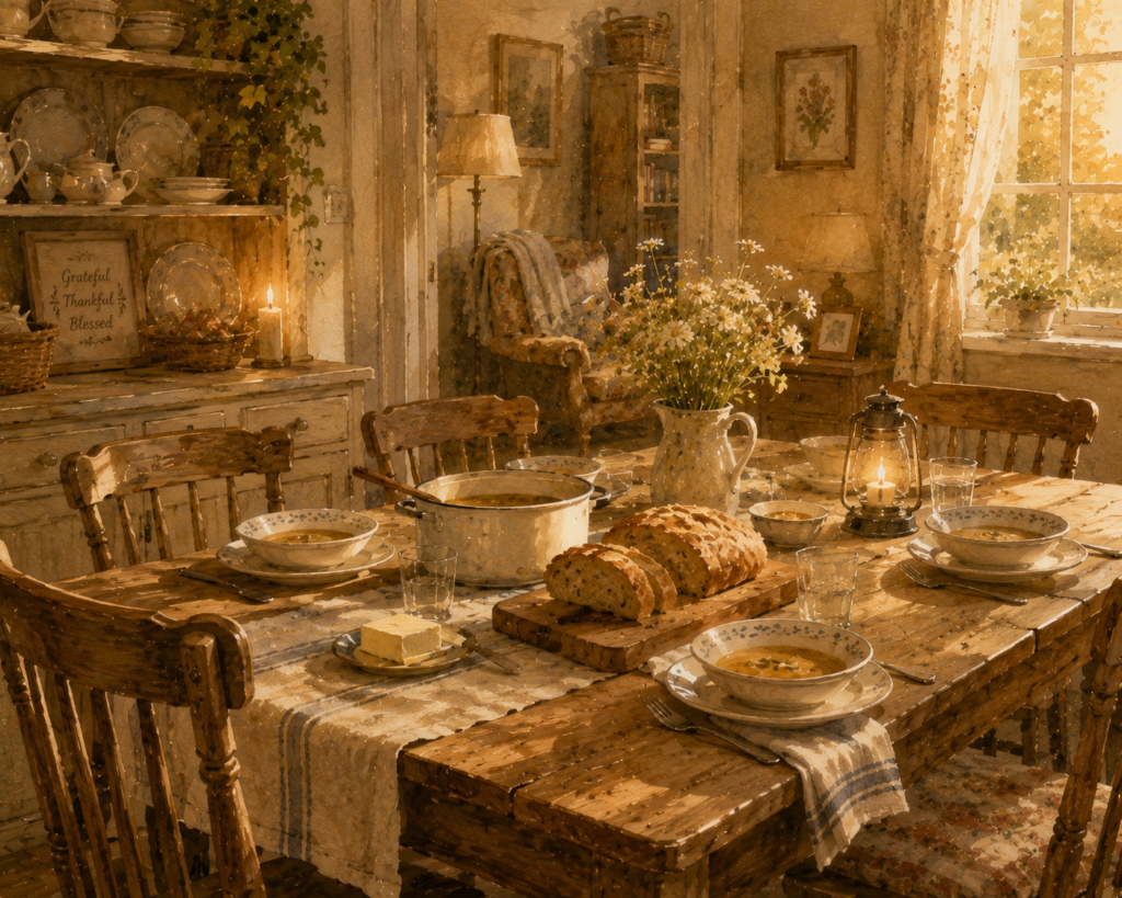 Image of an ordinary home with a set table ready for a simple dinner with family 