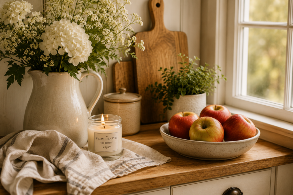 Country home vignette with apples and candle and white florals in ironstone pitcher 
