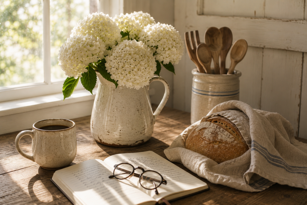 Image of wooden desk with book and reading glasses in morning light