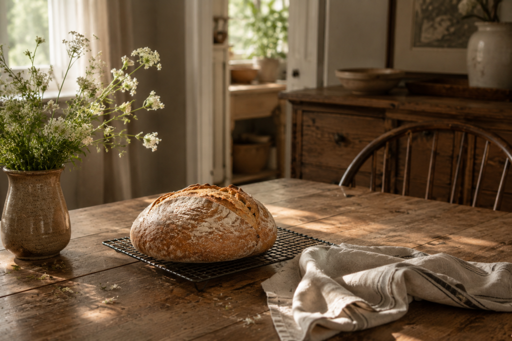 A calm kitchen with sourdough bread cooling on the kitchen table