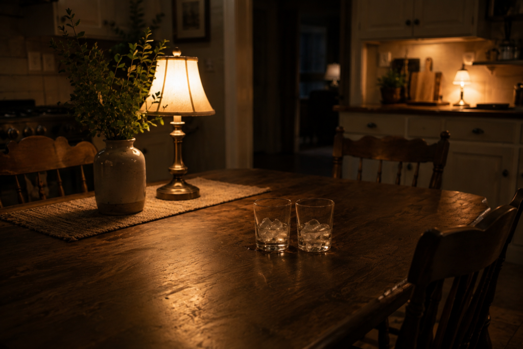 Calm kitchen where 2 people have gathered