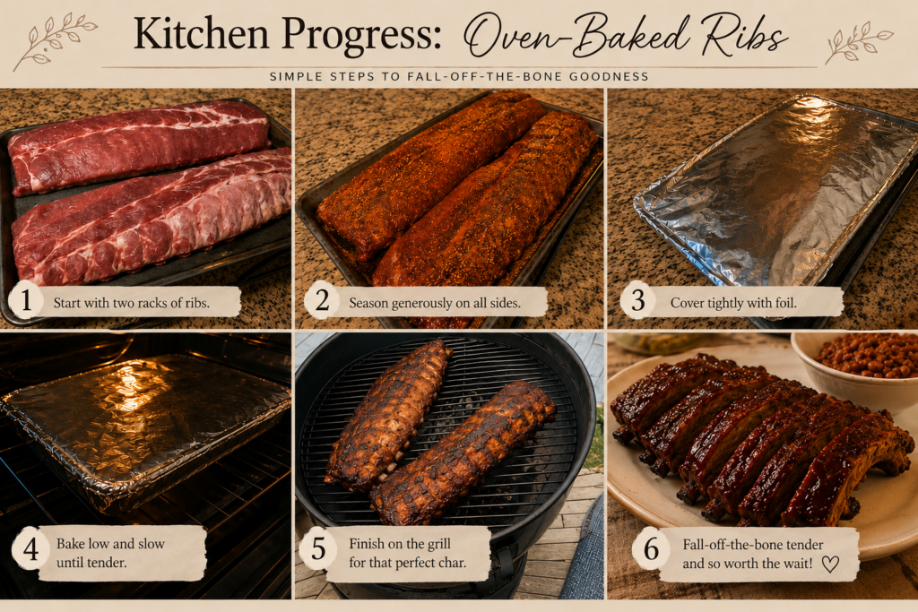 Kitchen progress shot of oven baked ribs 