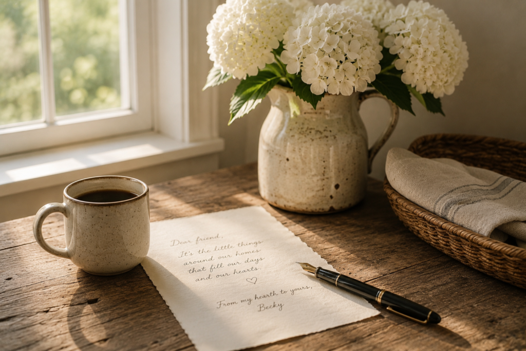 Image of desk by window with coffee, journal, hydrangeas in a pitcher