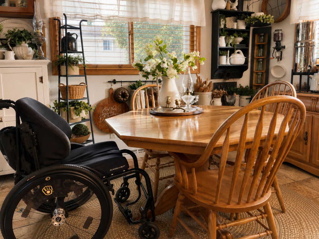 Image of sons wheelchair at dining table