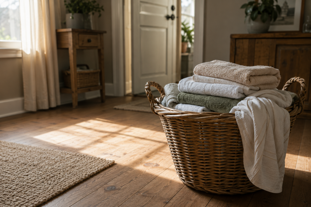 Calm home image with folded laundry