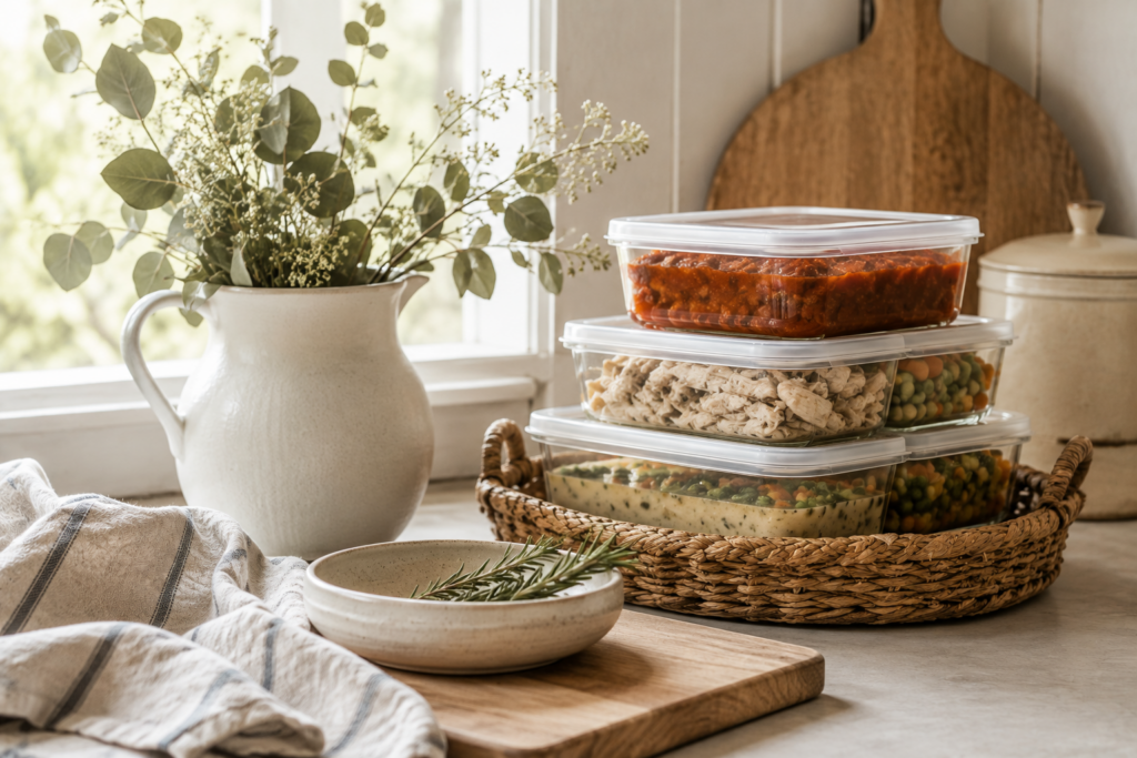 Vignette of family meals that are freezer ready for busy days