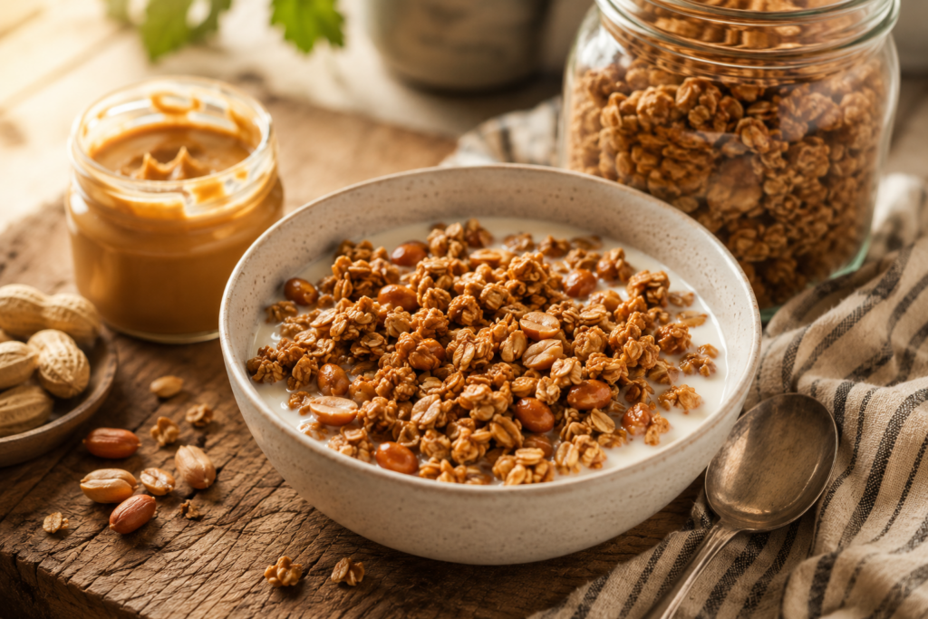 Eady homemade peanut butter granola in a bowl with milk for breakfast