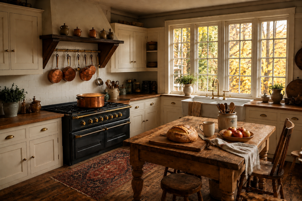 Cozy fall kitchen with copper pits, soup simmering on stove and bread cooling on counter