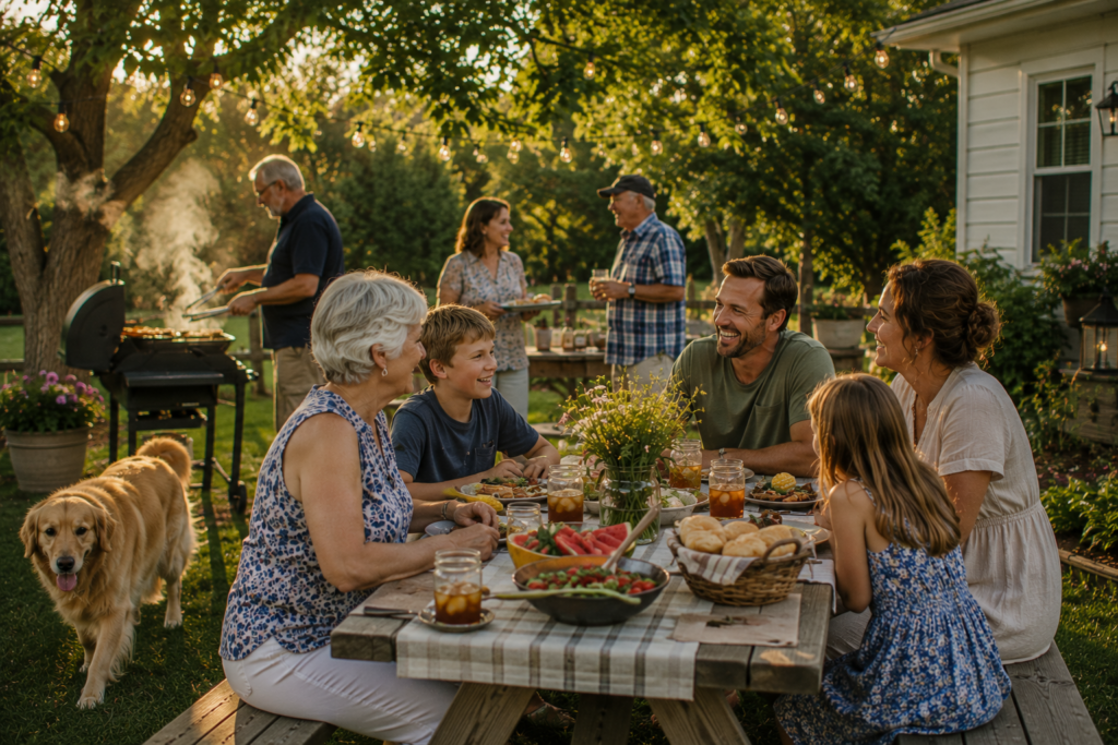 Family and friends enjoying a late summer bbq