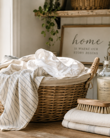Laundry room with baskets and clothing