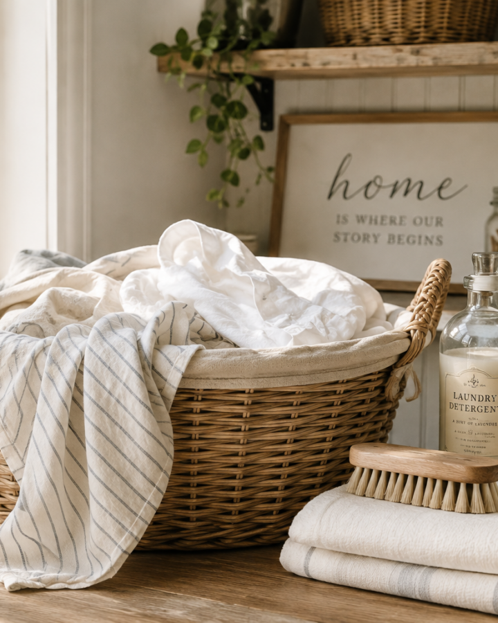 Laundry room with baskets and clothing