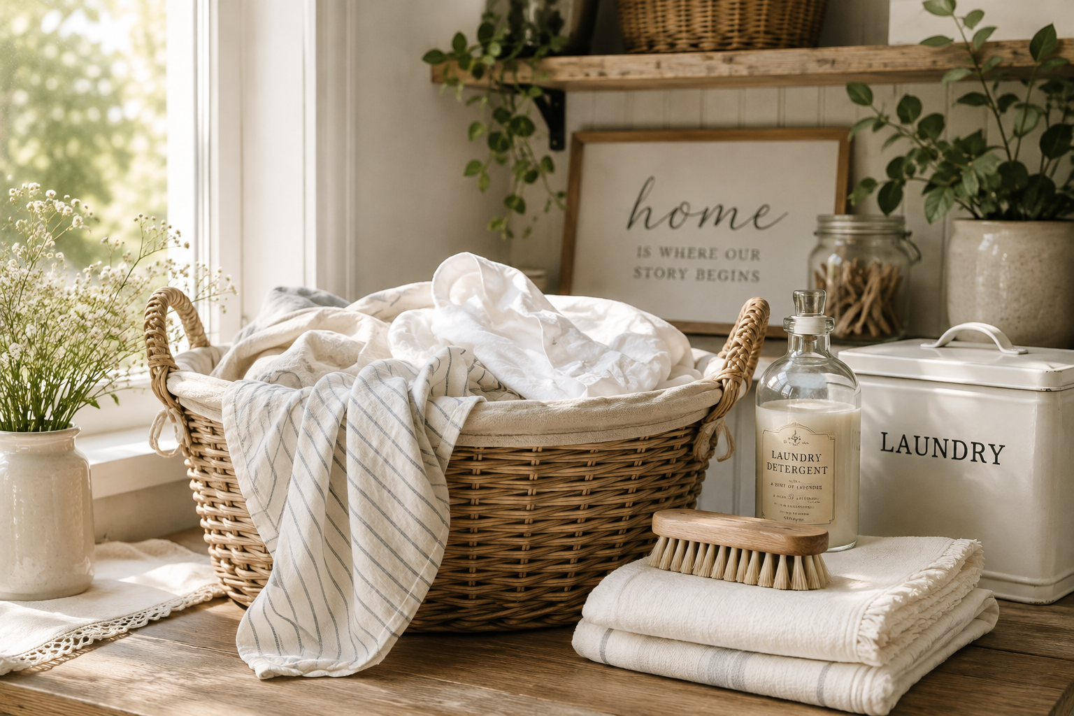 Laundry room with baskets and clothing