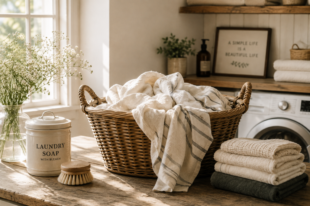 A beautiful laundry room with laundry ready to be sorted