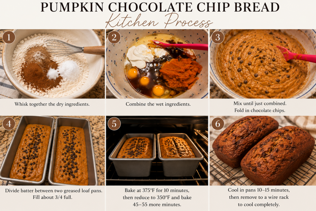 Kitchen process shots of pumpkin chocolate chip bread