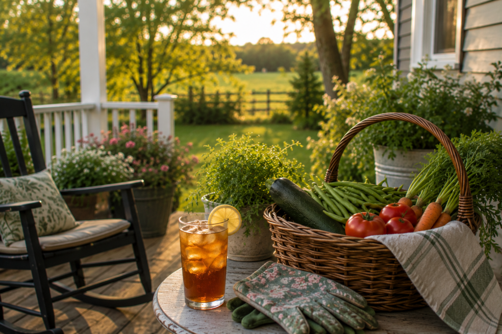 Porch scene with summers harvest and iced tea 