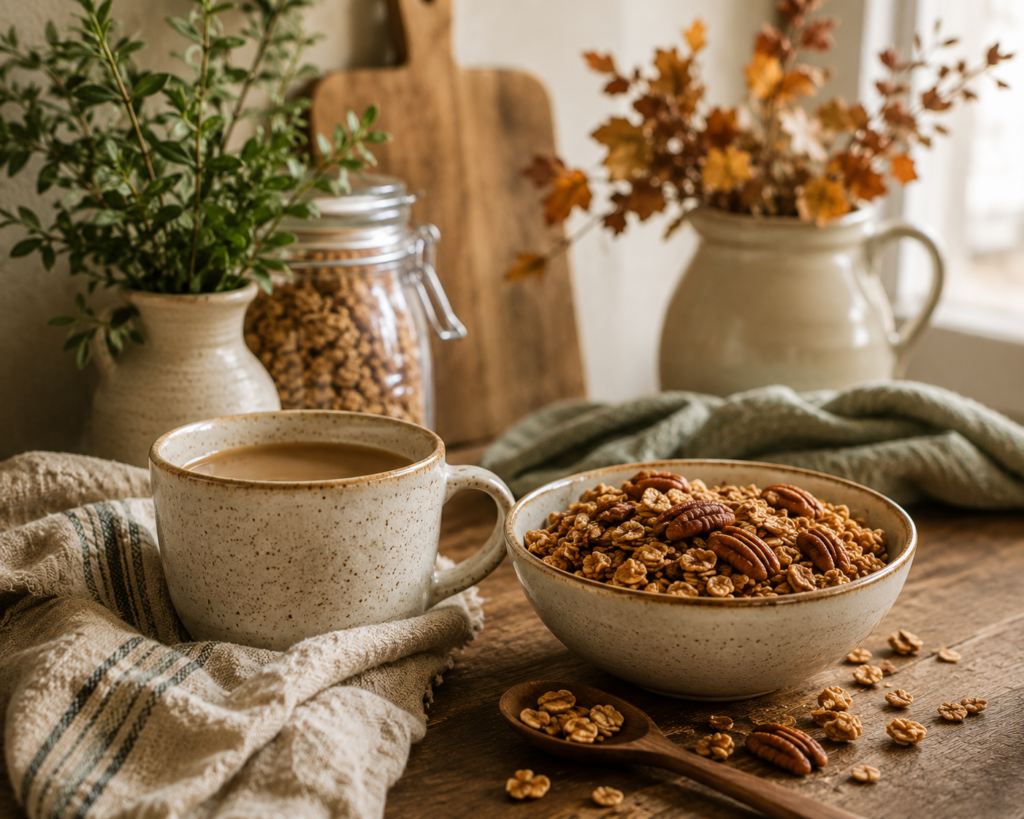Cozy kitchen vignette with coffee and a bowl of homemade maple pecan granola 