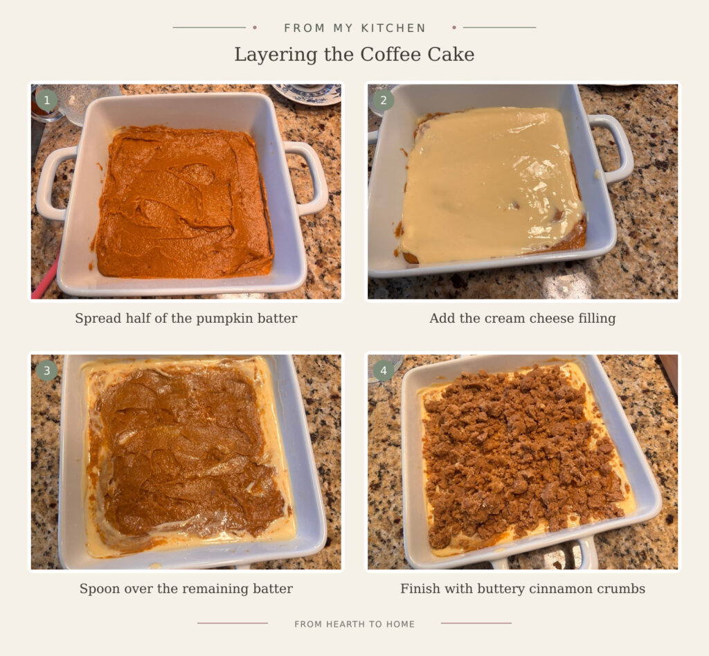 Kitchen process shots of layering pumpkin coffee cake 