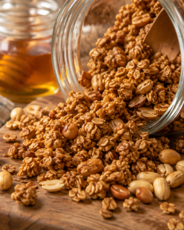 Easy Homemade Peanut butter granola spilling out of a jar