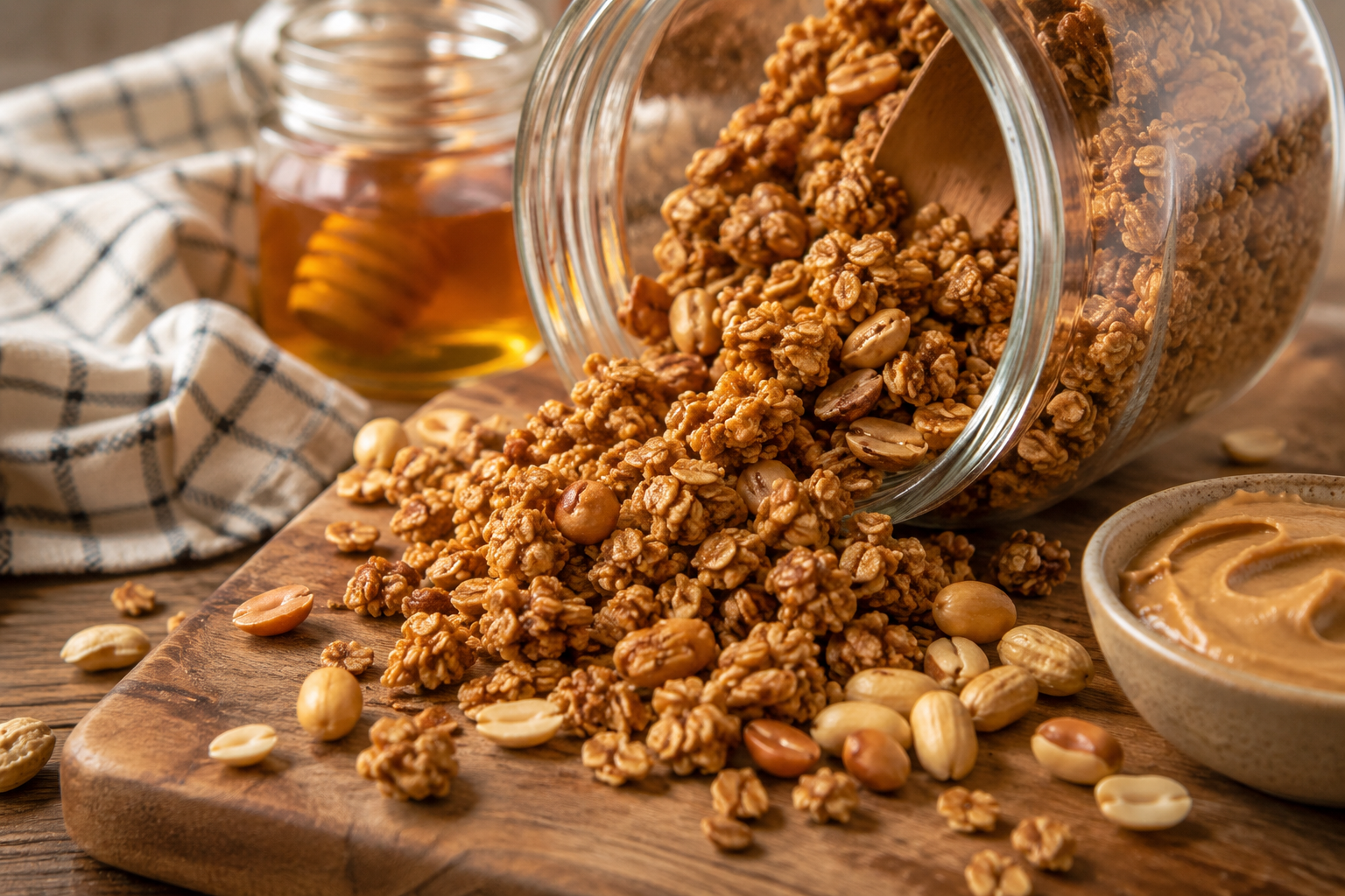 Easy Homemade Peanut butter granola spilling out of a jar
