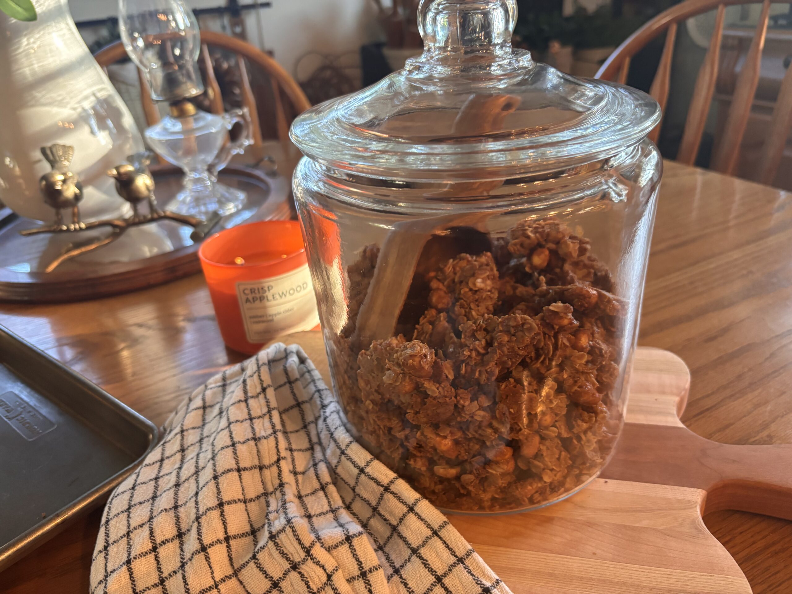Homemade peanut butter granola in a farmhouse jar