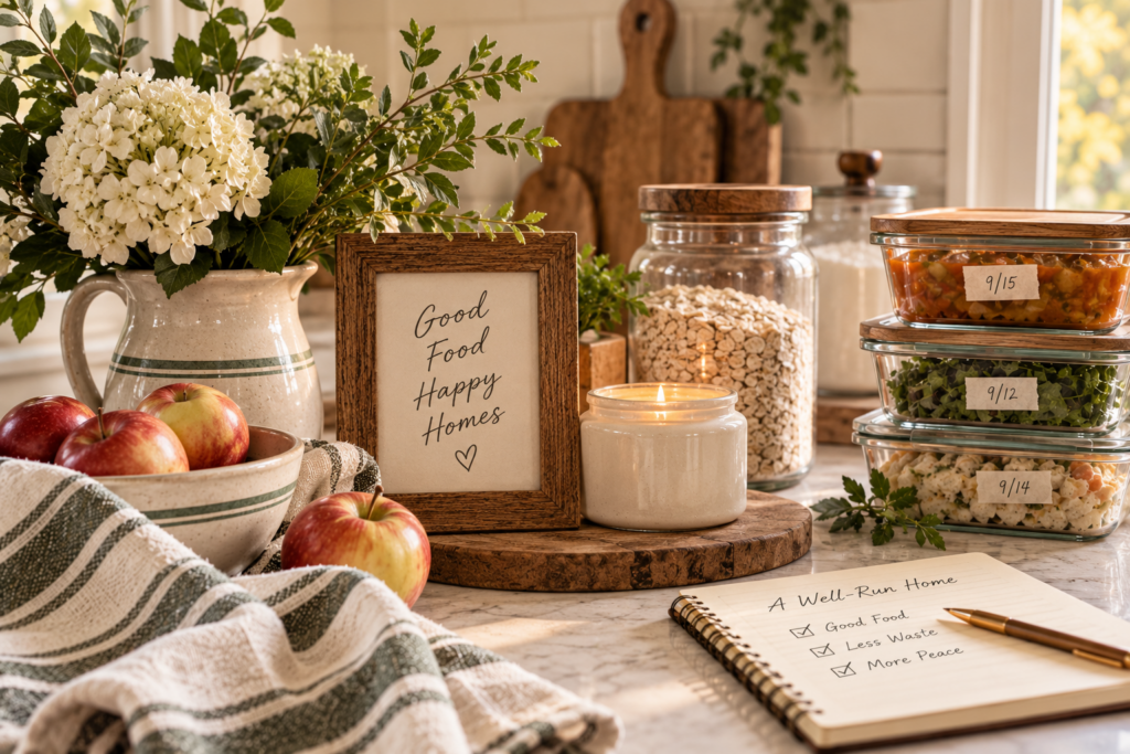 Image of cozy kitchen with wooden cutting boards and a vignette of food