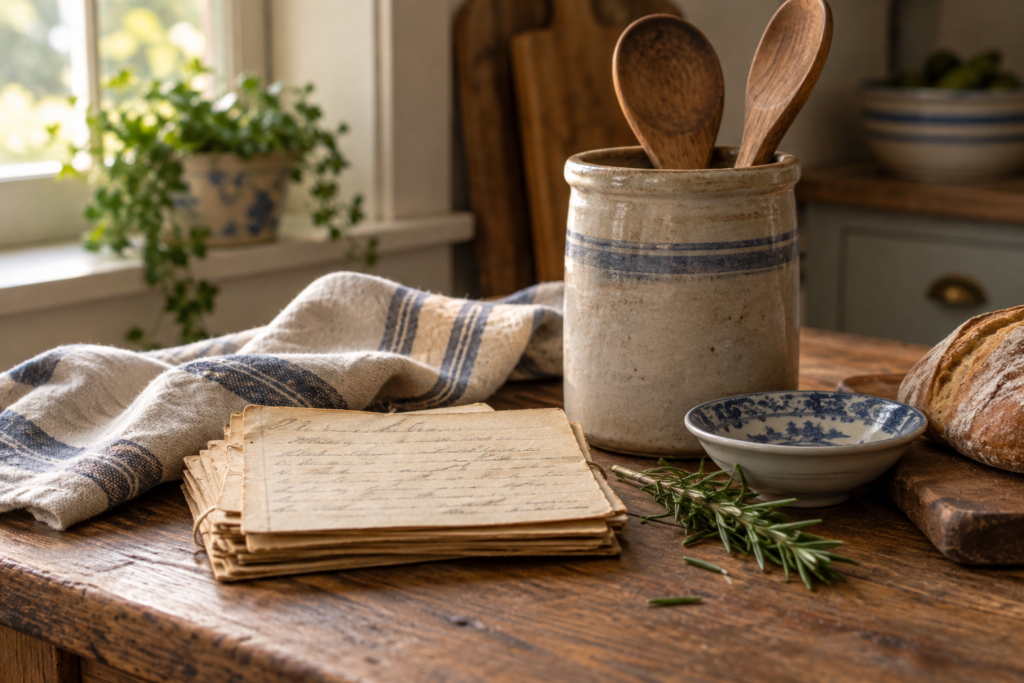 Country kitchen vignette with crocks and recipe cards snd wooden spoons