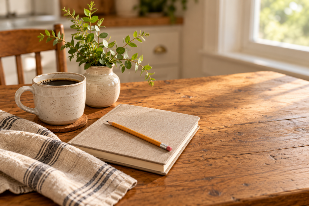 Image of simple table with plant, coffee cup , and notebook, an email sign up vignette 