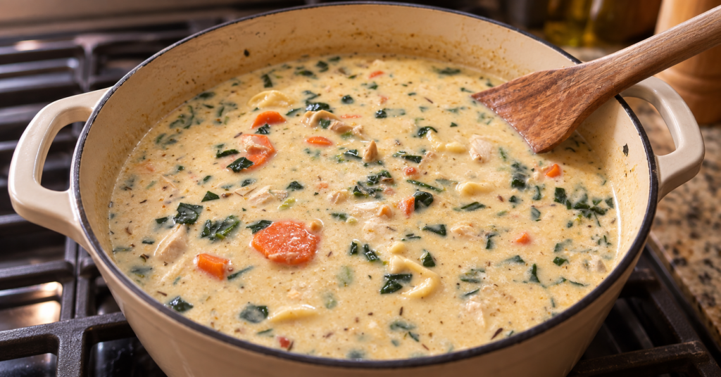 Soup pot of creamy chicken tortellini soup