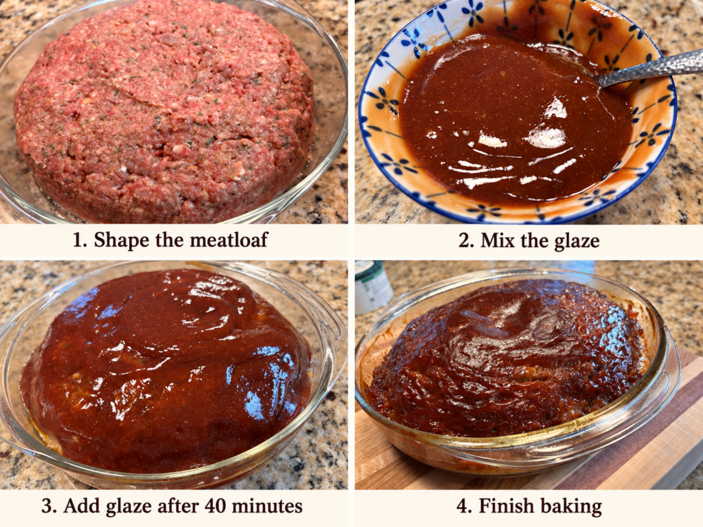 Kitchen process shots for glazed brown sugar meatloaf 