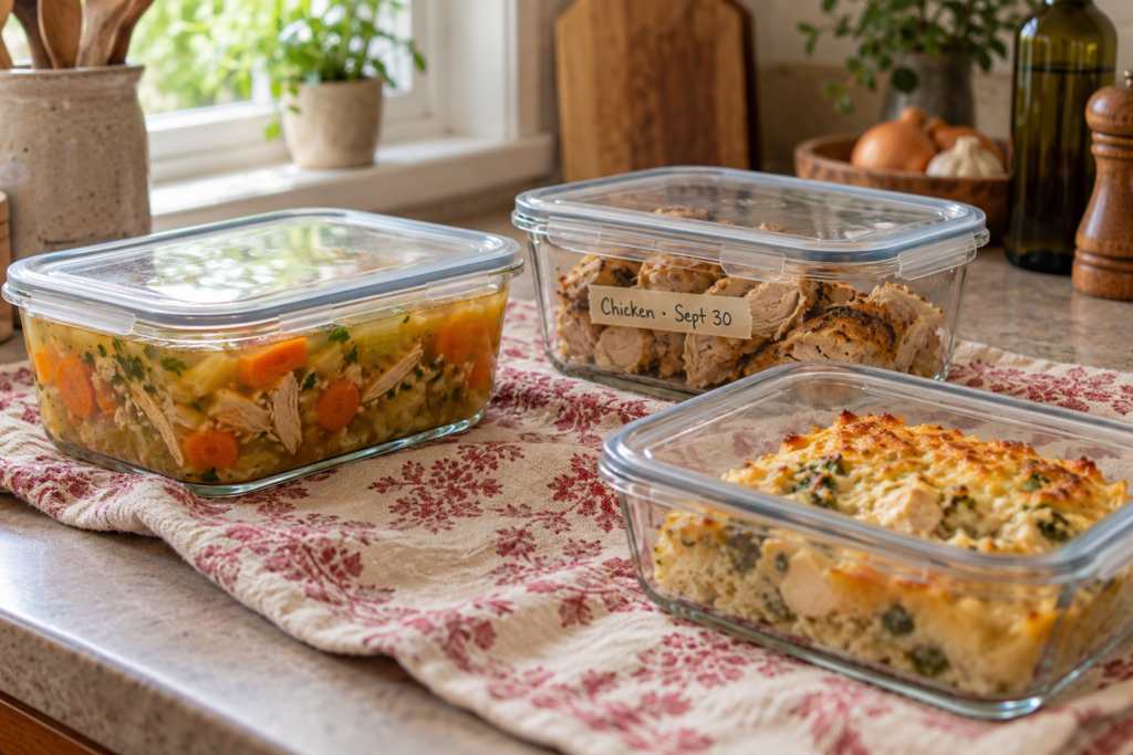 Kitchen counter with leftovers in glass containers with dates on them 