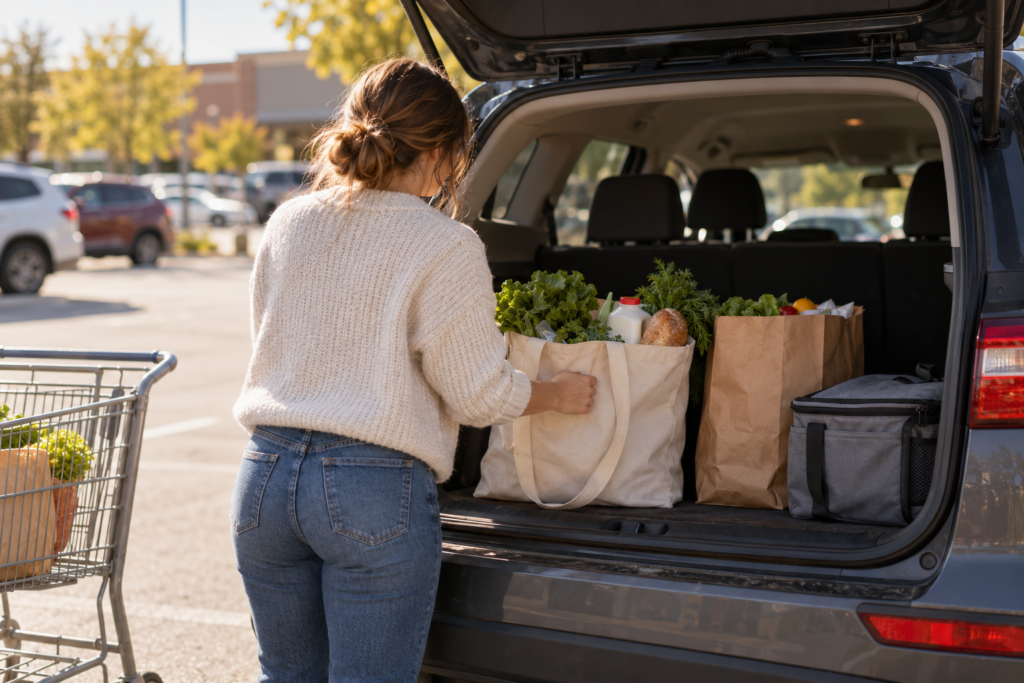 Woman loading groceries into her car