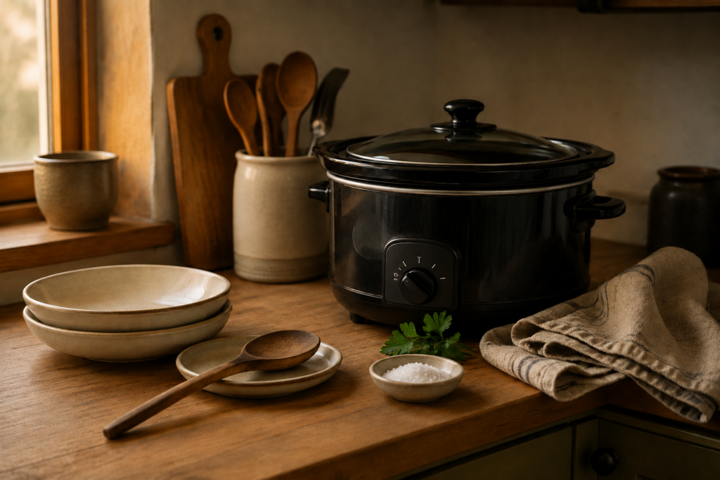 Crock pot in a cozy kitchen getting dinner ready 