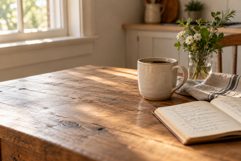 Cozy kitchen image with coffee cup and simple fresh flowers and journal vignette
