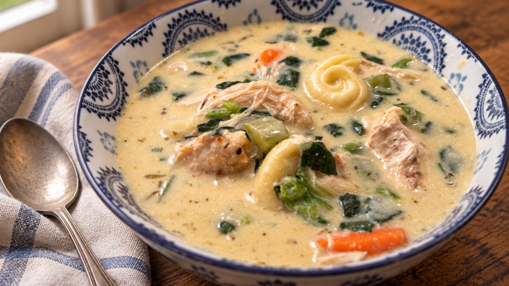 Bowl of creamy chicken tortellini soup