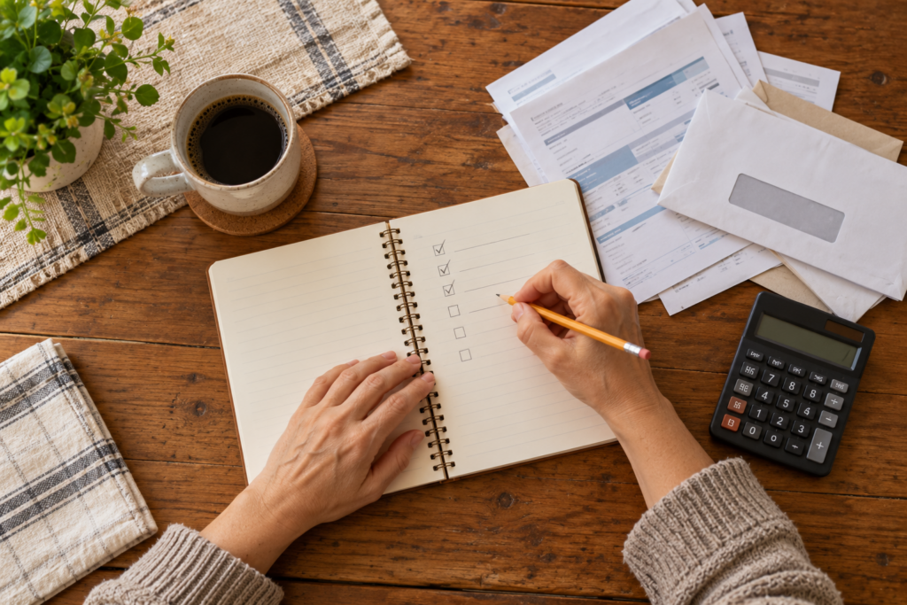 Image of woman making a plan and adding up her monthly bills 